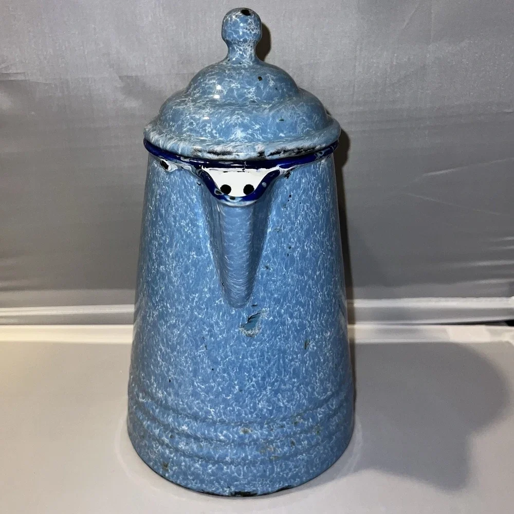 Vintage Blue White Splatter Enamelware Coffee Pot Graniteware Style Farmhouse